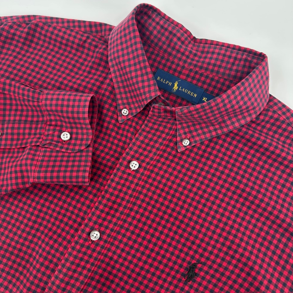 Ralph Lauren Mens XL Red Black Gingham Check Button Down Shirt Long Sleeve Pony